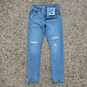 Levis 501 Jeans Womens 25 Blue Light Wash Button Distressed Straight Mid-Rise